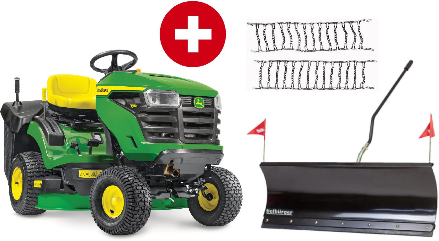 John Deere Rasentraktor X117R Winterpaket mit Schneeschild, Schneeketten, Anbaurahmen und Schnellwechlser